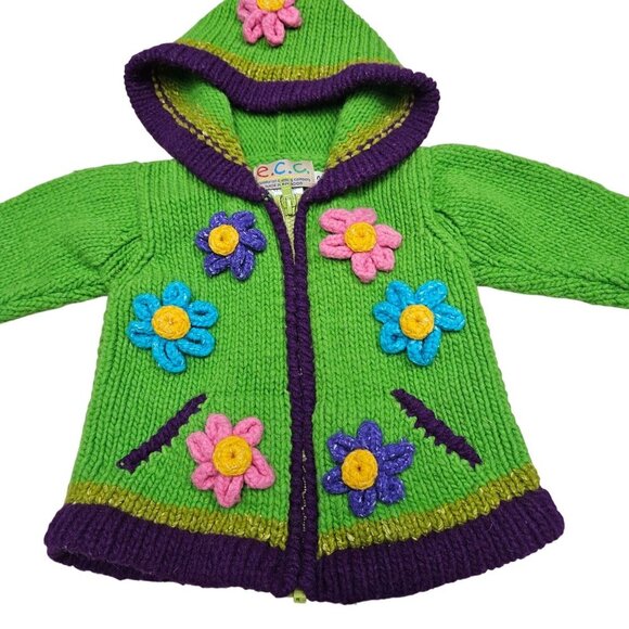 Handmade E.C.C. Wool Childrens Hooded Sweater Zip Floral Design Chunky Knit 2T - Picture 3 of 8